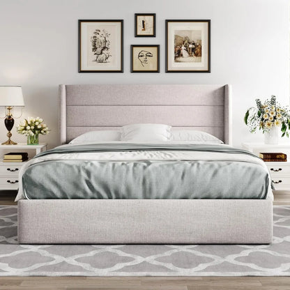 Lift Up Storage Bed, Modern Wingback Headboard, No Box Spring Needed, Hydraulic Storage, Light Beige