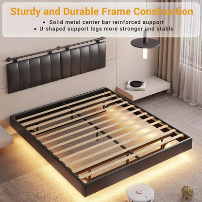 Queen's bed, large floating bed frame with LED wall mounted headboard, modern platform bed frame and storage board, bedroom bed