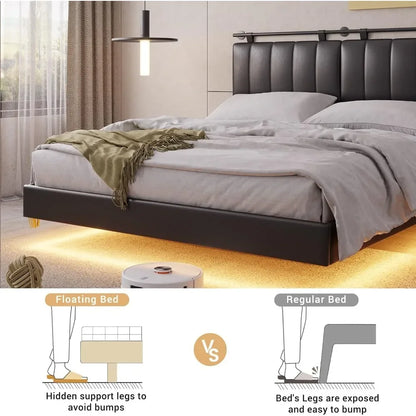 Queen's bed, large floating bed frame with LED wall mounted headboard, modern platform bed frame and storage board, bedroom bed