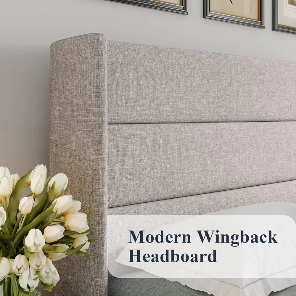 Lift Up Storage Bed, Modern Wingback Headboard, No Box Spring Needed, Hydraulic Storage, Light Beige