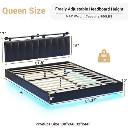 Queen's bed, large floating bed frame with LED wall mounted headboard, modern platform bed frame and storage board, bedroom bed