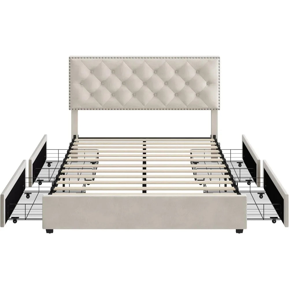 Full Size Bed Frame with 4 Storage Drawers, Modern Upholstered Platform Bed with Adjustable Headboard,Button Tufted Bed Frame