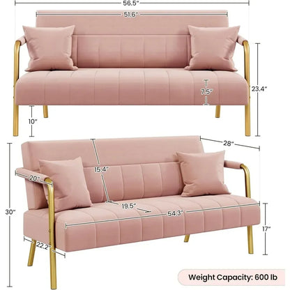 56.5" W Modern Loveseat 2 Seater Sofa Luxurious Velvet Fabric Couch with Gold-Tone Metal Arms and Legs for Bedroom, Studio Pink