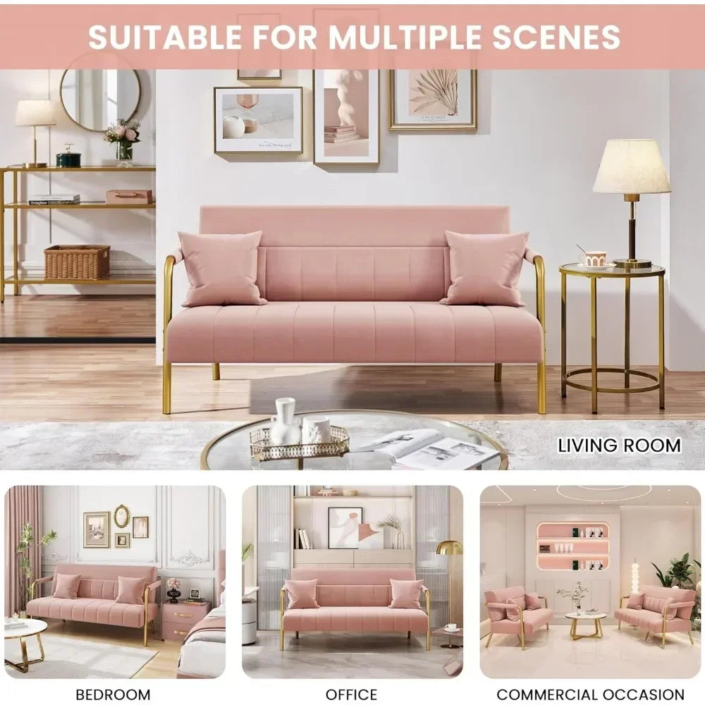 56.5" W Modern Loveseat 2 Seater Sofa Luxurious Velvet Fabric Couch with Gold-Tone Metal Arms and Legs for Bedroom, Studio Pink