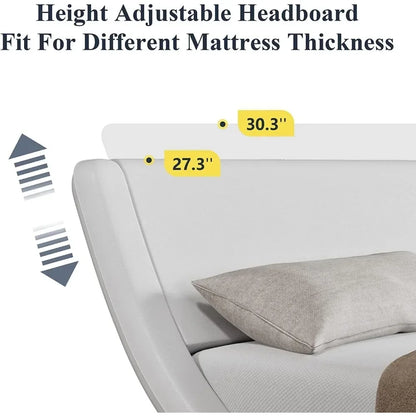 Full-size bed frame with ergonomic and adjustable headboard, understated modern padded platform sled design