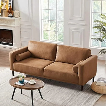 79” Mid-Century Modern Couch, Breathable Faux Leather Couch with Upholstered Cushions/Pillows, 3-Seat Brown