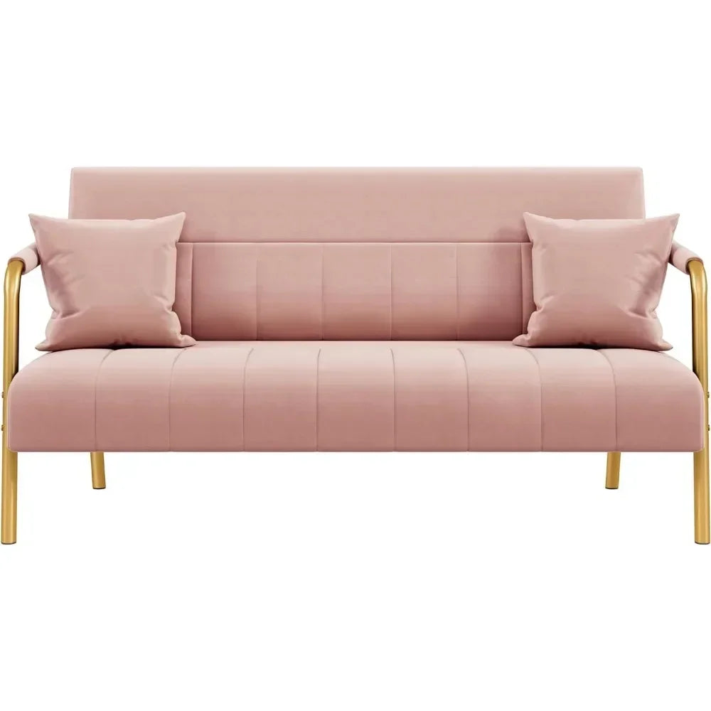 56.5" W Modern Loveseat 2 Seater Sofa Luxurious Velvet Fabric Couch with Gold-Tone Metal Arms and Legs for Bedroom, Studio Pink