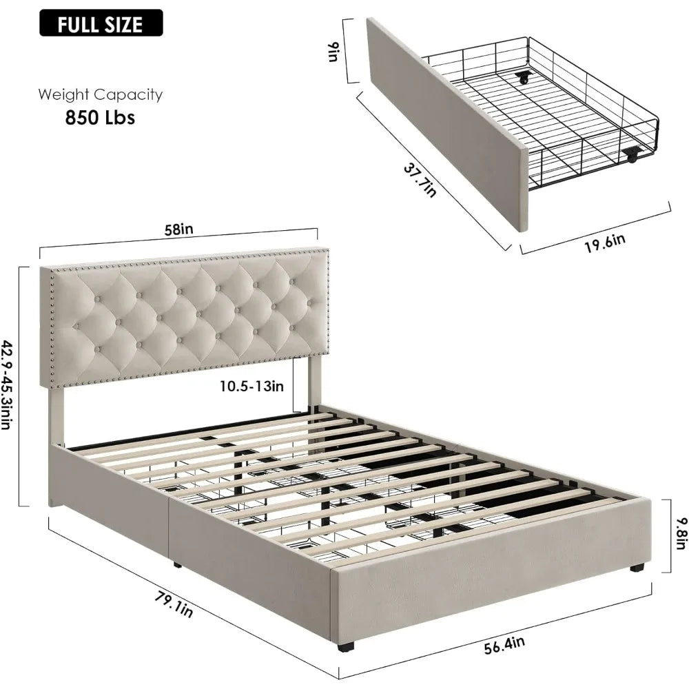 Full Size Bed Frame with 4 Storage Drawers, Modern Upholstered Platform Bed with Adjustable Headboard,Button Tufted Bed Frame