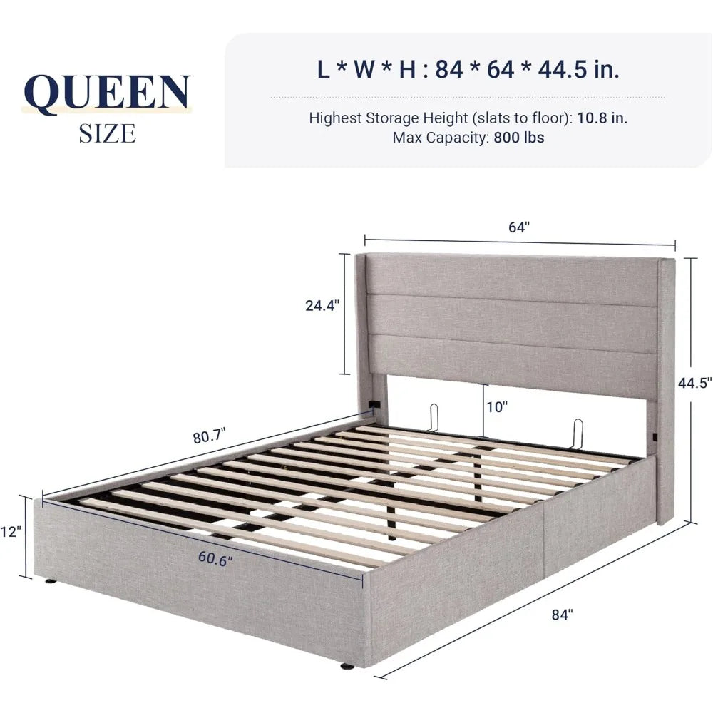 Lift Up Storage Bed, Modern Wingback Headboard, No Box Spring Needed, Hydraulic Storage, Light Beige