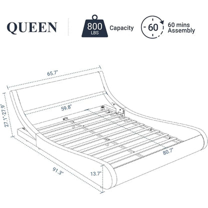 Bed Frame Modern Low-profile Toboggan Bed with Faux Leather Headboard for Easy Assembly of Upholstered Queen Platform Bed