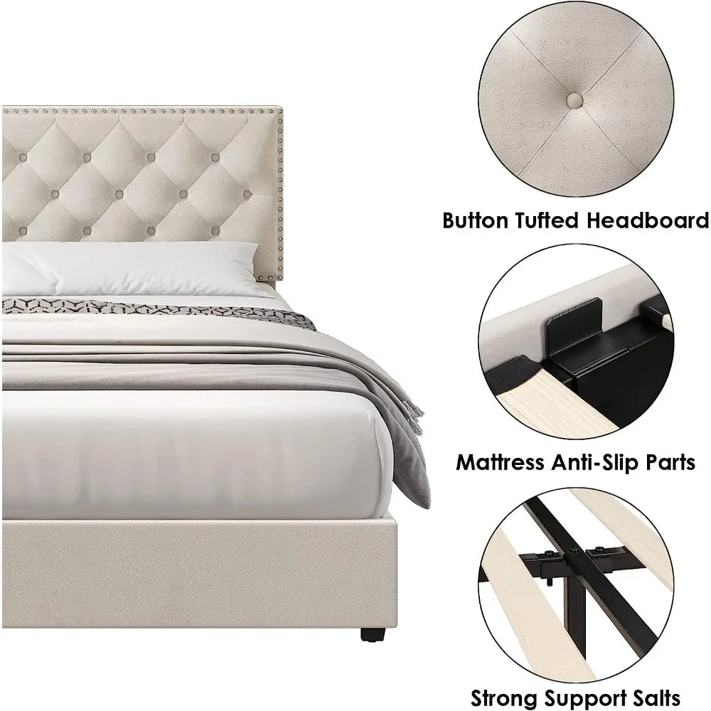 Full Size Bed Frame with 4 Storage Drawers, Modern Upholstered Platform Bed with Adjustable Headboard,Button Tufted Bed Frame